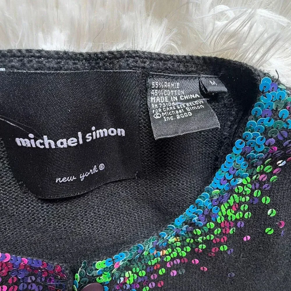 Vintage Michael Simon Rainbow Sequins Trimmed Black Cardigan Sweater Medium